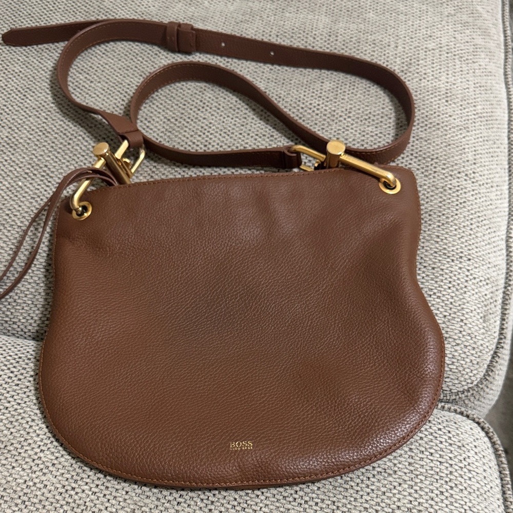 BOSS Tan Leather Crossbody Bag